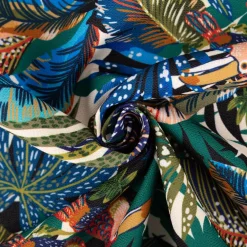 Outdoorstoff UPF 50+ polsterfähig wasserabweisend Blätter Vögel blau grün 1,50m Breite