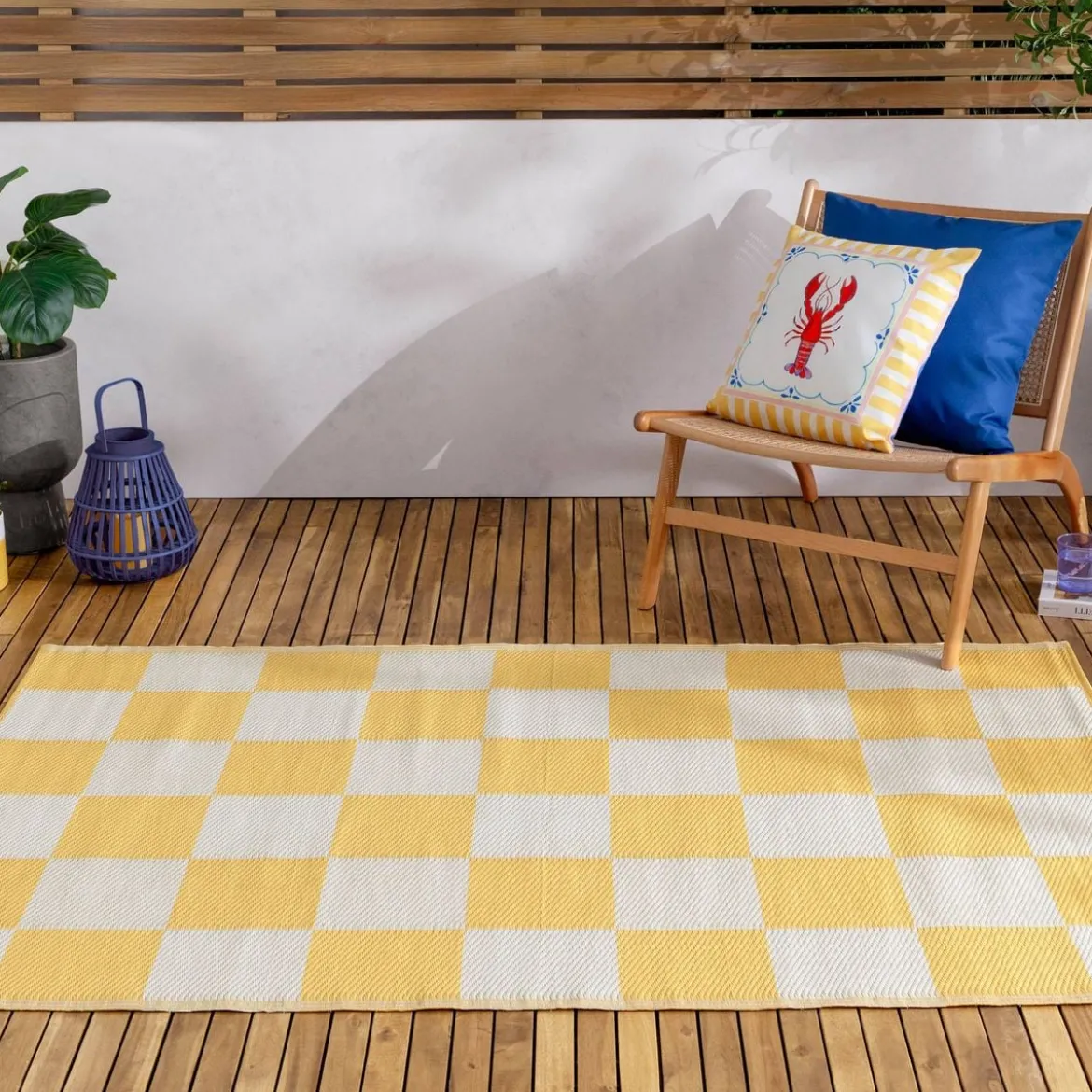 Outdoor Teppich Checker Schachbrett recycelt gelb weiß 120x180cm