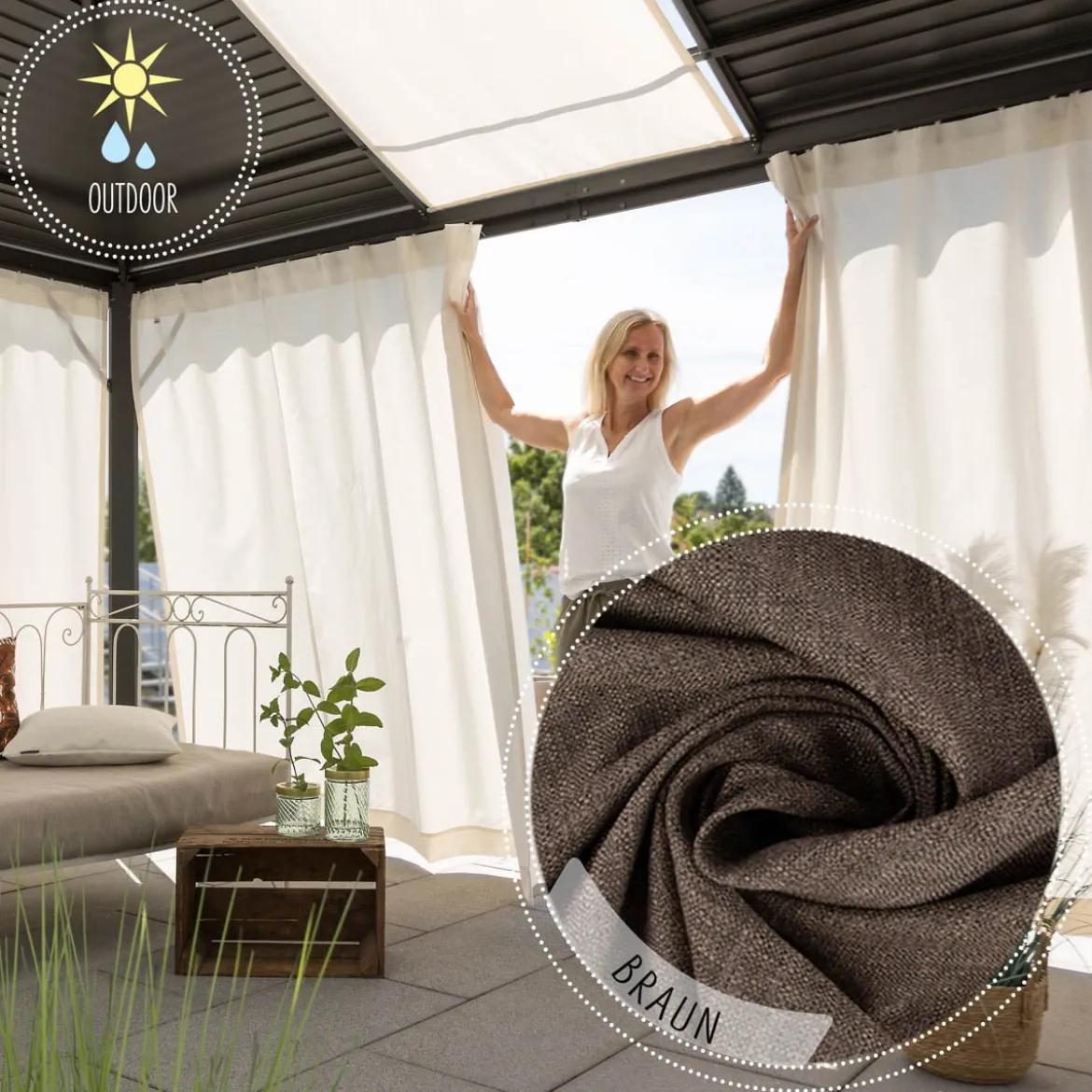Outdoor Vorhang Olefina mit Smok-Schlaufenband braun in 245cm oder Wunschlänge von SCHÖNER LEBEN.