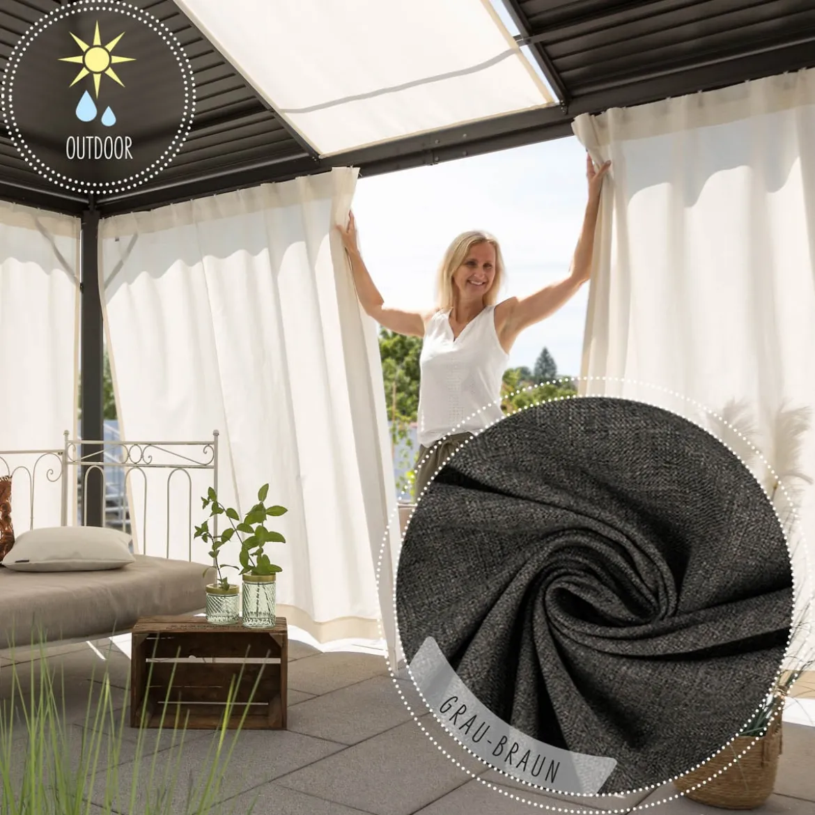 Outdoor Vorhang Olefina mit Smok-Schlaufenband dunkelgrau-braun in 245cm oder Wunschlänge von SCHÖNER LEBEN.
