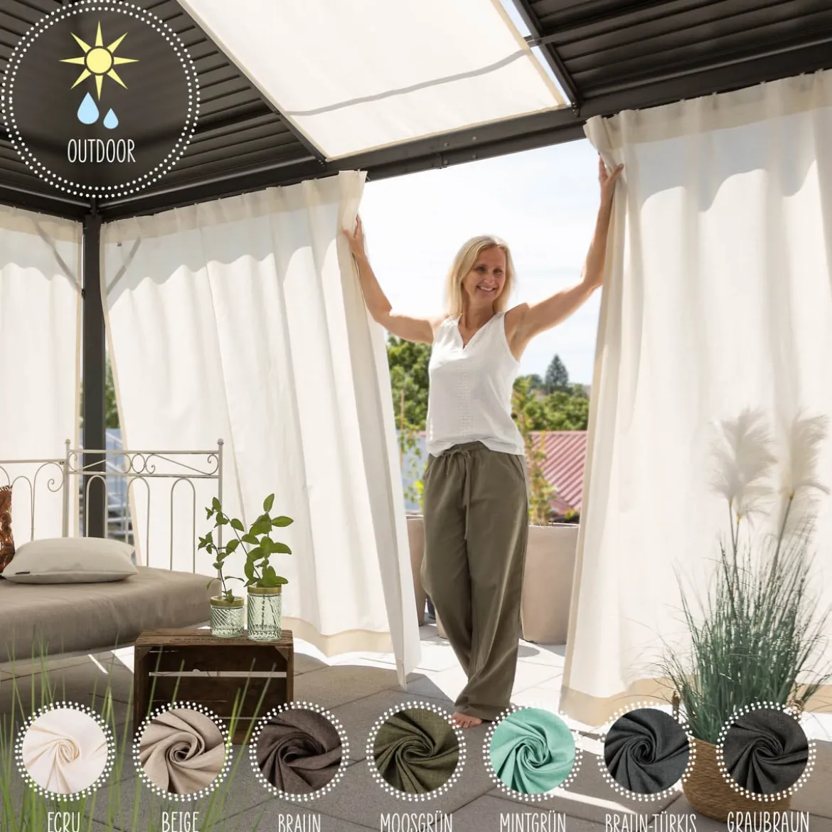 Outdoor Vorhang Olefina mit Smok-Schlaufenband dunkelgrau-braun in 245cm oder Wunschlänge von SCHÖNER LEBEN.