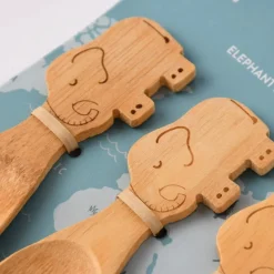 [Paket] Sass & Belle Bambus Kinder Geschirrset Elefant mit Teller und 3 Löffeln