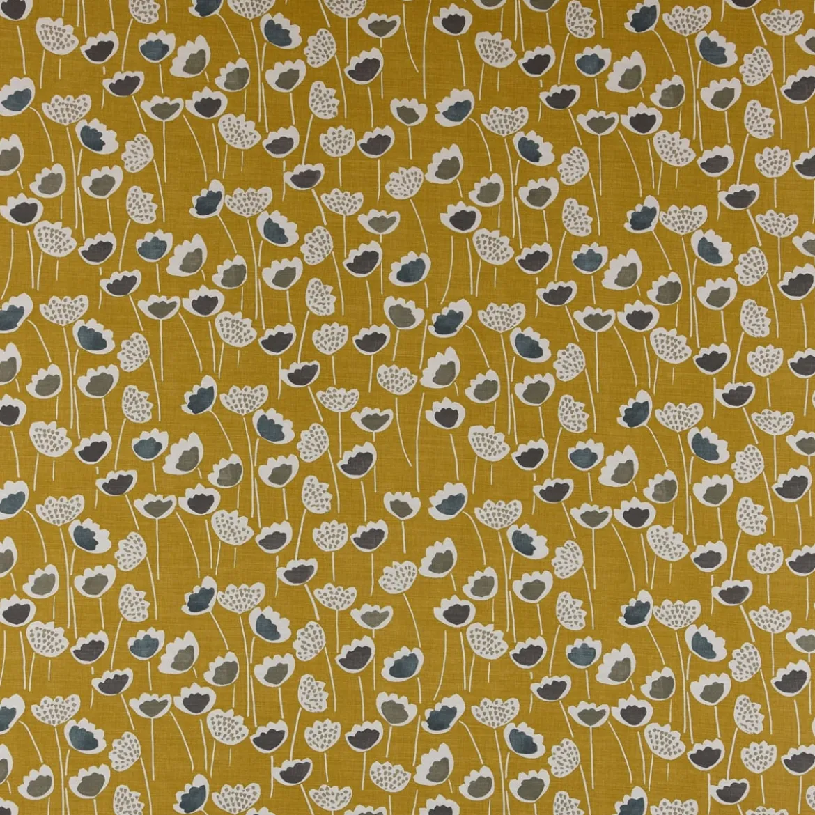 Panama Dekostoff Baumwollstoff Clara Saffron Blumen senfgelb ocker blau grau 140cm Breite