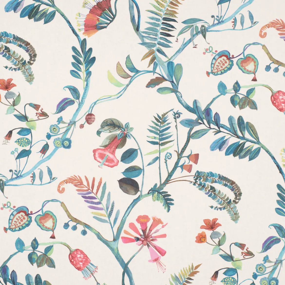 Panama Dekostoff Baumwollstoff Tropicana Coral Reef Blumenranken ecru blau bunt 140cm Breite