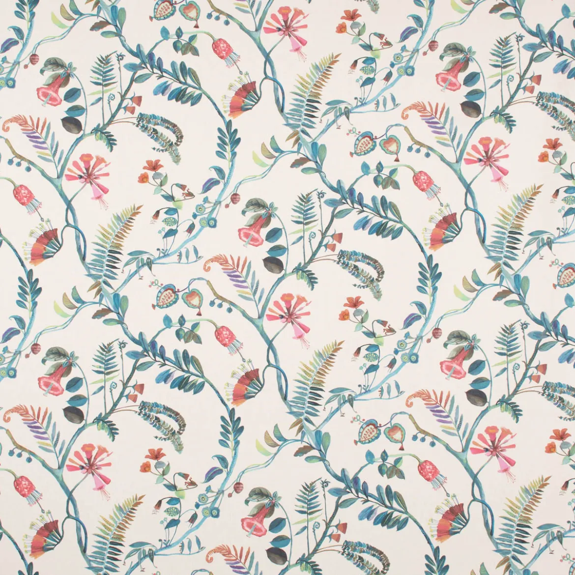 Panama Dekostoff Baumwollstoff Tropicana Coral Reef Blumenranken ecru blau bunt 140cm Breite
