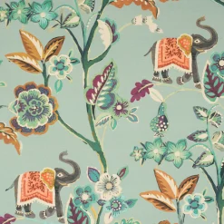Panama Dekostoff Baumwollstoff GUJARAT Blumenranken Elefant mint grün bunt 140cm Breite