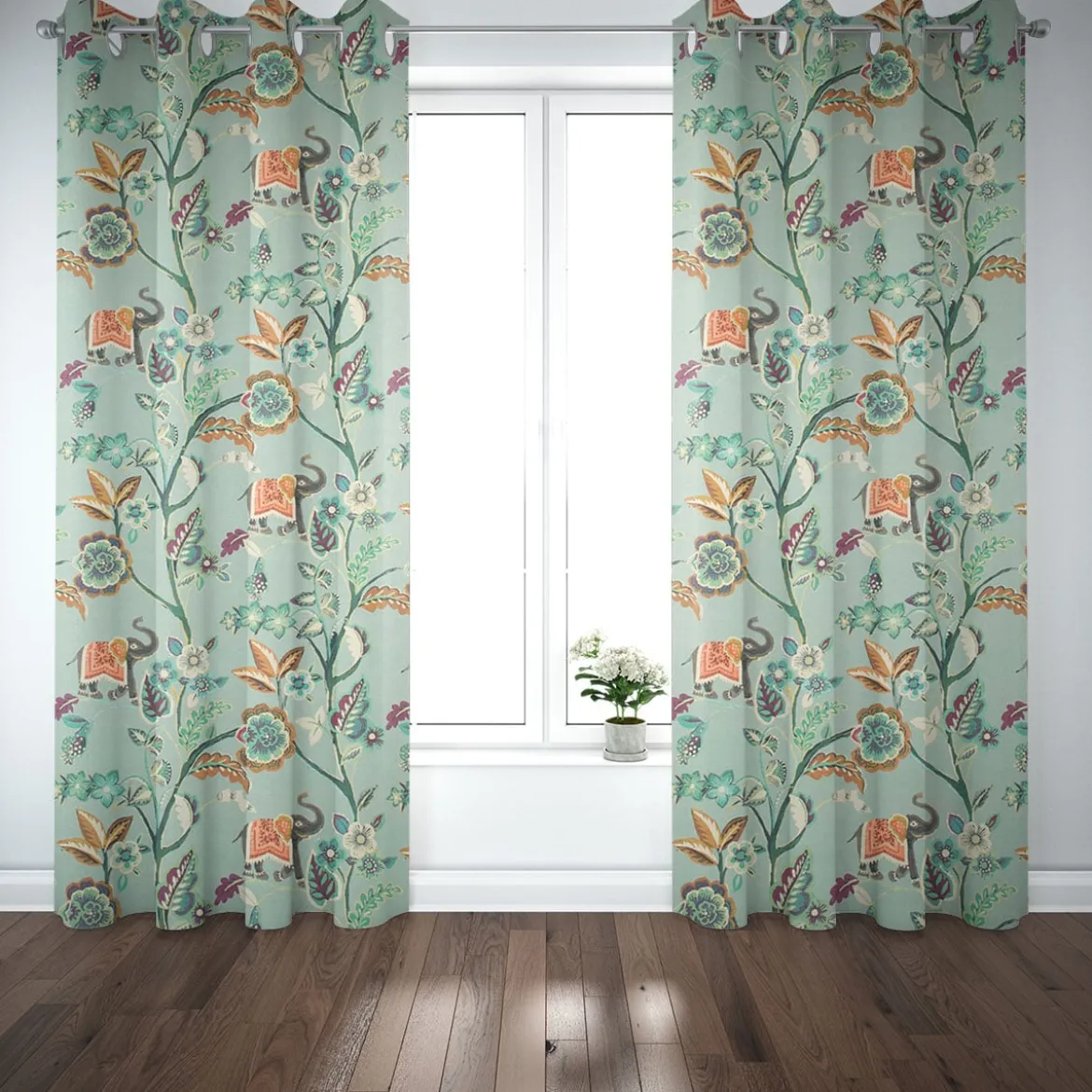 Panama Dekostoff Baumwollstoff GUJARAT Blumenranken Elefant mint grün bunt 140cm Breite
