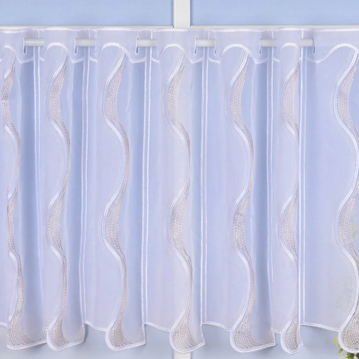 Panneaux Bistrogardine Scheibengardine nähfrei weiß mit Stickerei Wellen rosé beige 60cm Höhe