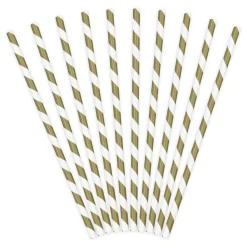 Papierstrohhalme weiß gold schräg gestreift 10er Pack