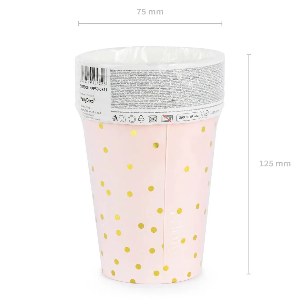 Pappbecher Punkte rosa goldfarbig 6 Stück 260ml