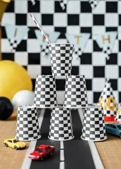 Pappbecher Rennflagge Karo schwarz weiß 6 Stück 220ml