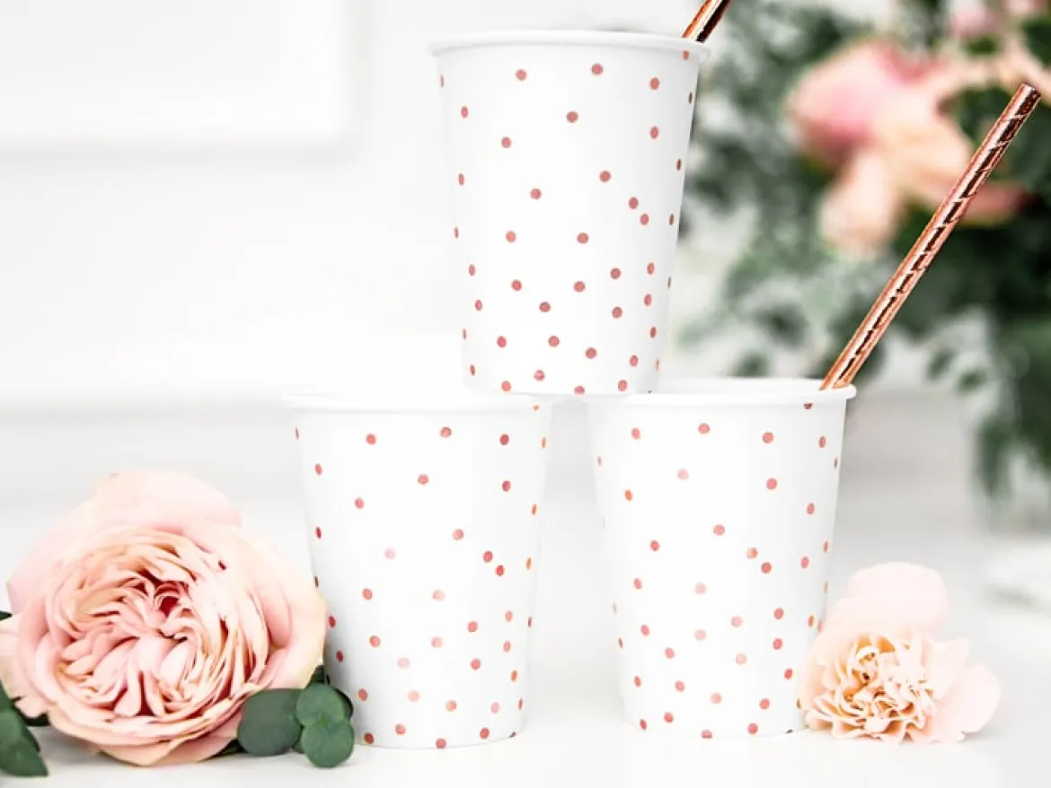 Partybecher Pünktchen weiß rosegold Pappe 6 Stück 220ml
