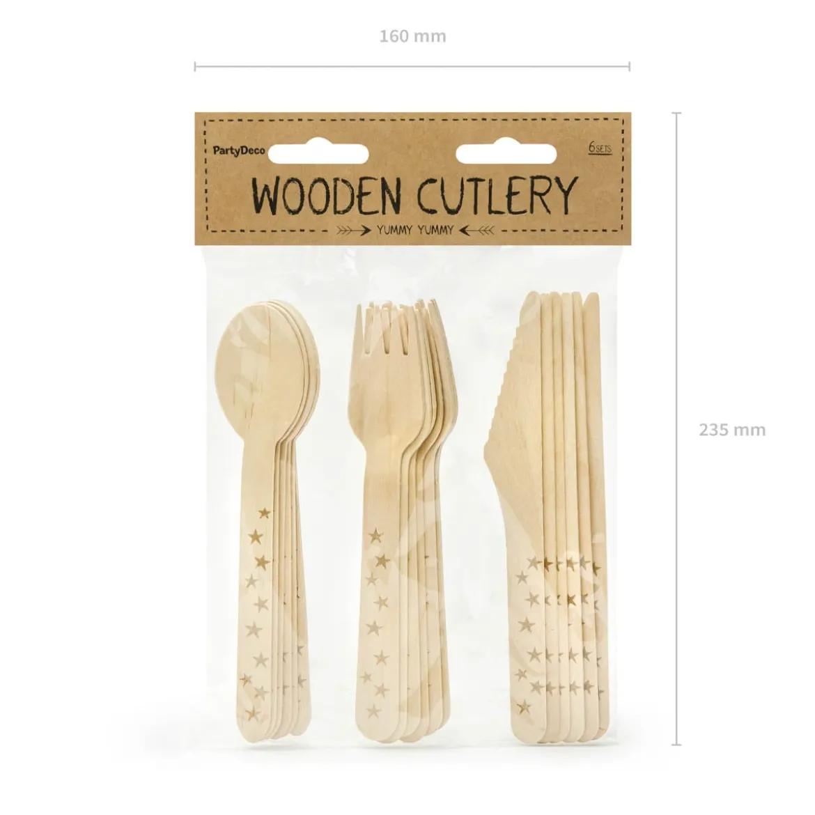 Partybesteck aus Holz mit goldenen Sternchen 16cm, 18tlg.