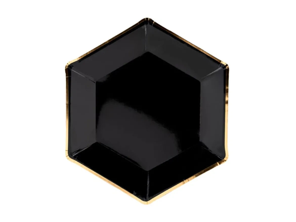 Party Pappteller Sechseck schwarz gold 23cm Ø 6er Pack