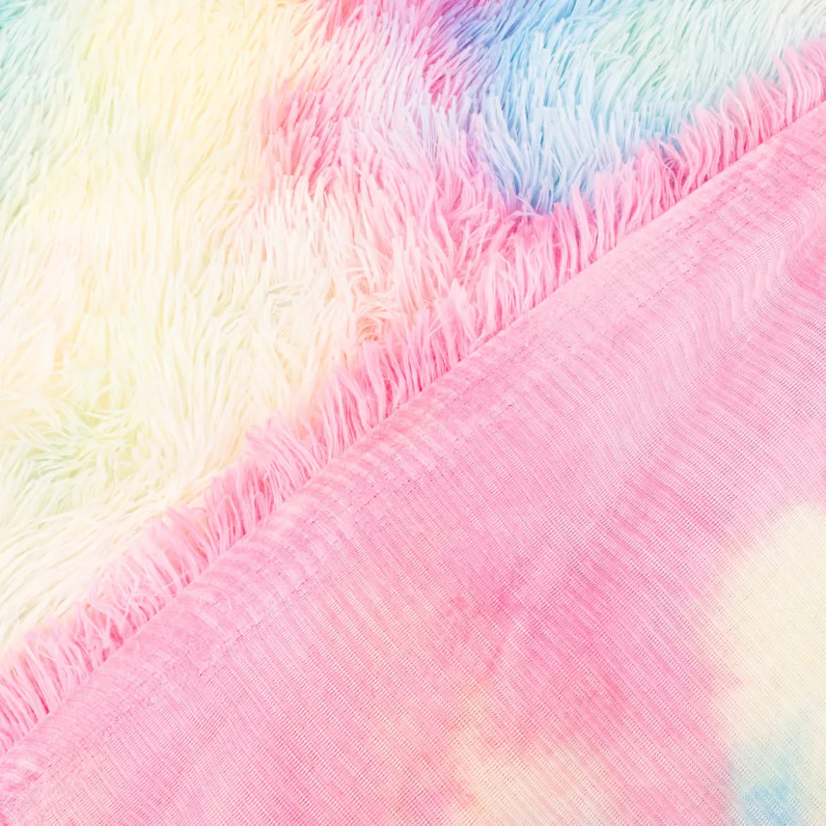 Plüsch Stoff Fellimitat Kunstfell Regenbogenfarben Langhaar bunt 1,65m Breite