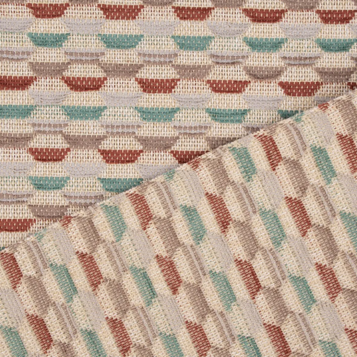 Polsterstoff Dekostoff Jacquard Flachgewebe Mira Hexagon beige rot türkis 1,40m Breite