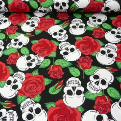 Polyester Totenkopf Rosen schwarz weiß rot 1,5m Breite