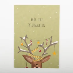 Postkarte aus Pappe Fröhliche Weihnachten Hirsch hellgrün A6 von KEITCARDS