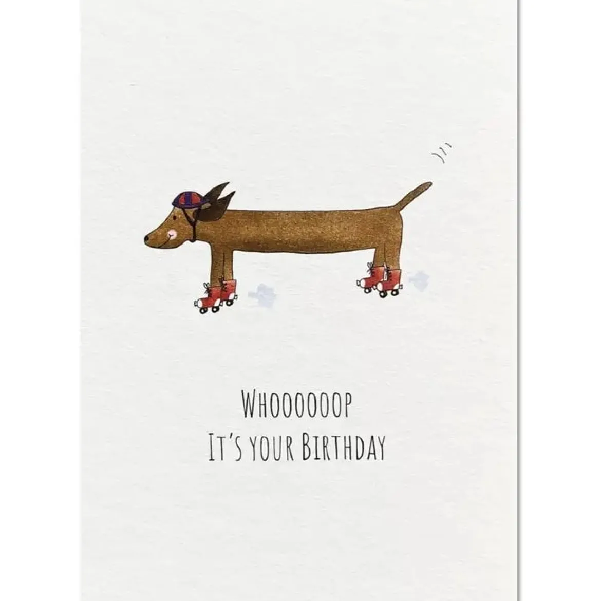 Postkarte aus Pappe Rollschuhdackel your Birthday weiß braun A6 von KEITCARDS