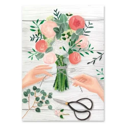Postkarte Blumenstrauß Schere Papier hellgrau grün rosa 10,5x14,5cm