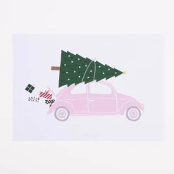 Postkarte Driving Home for Christmas Auto weiß rosa 10,5x14,8cm