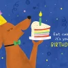 Postkarte Eat cake - it´s your Birthday! mit Hund und Torte blau 105x148mm von Grafik Werkstatt