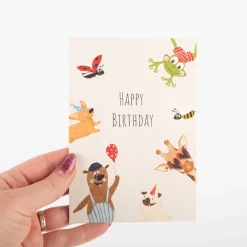 Postkarte Happy Birthday Tierparty beige A6 von KEITCARDS