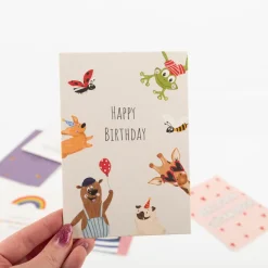 Postkarte Happy Birthday Tierparty beige A6 von KEITCARDS