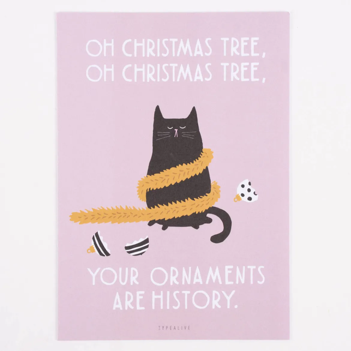 Postkarte Oh Christmas Tree Katze altrosa weiß schwarz 10,5x14,8cm