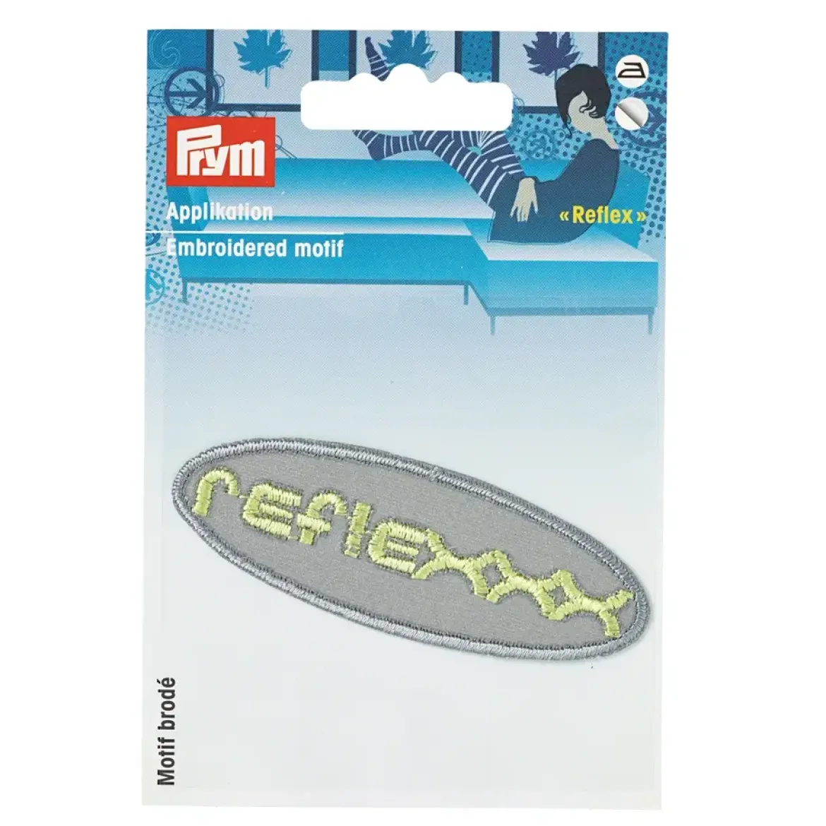 Prym Applikation Reflex selbstklebend aufbügelbar Aufschrift reflexx grau hellgrün 7,5x2,5cm