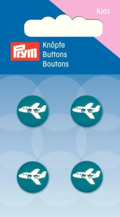 Prym Kinder Knopf Knöpfe Flugzeug türkis weiß 13mm 4 Stück