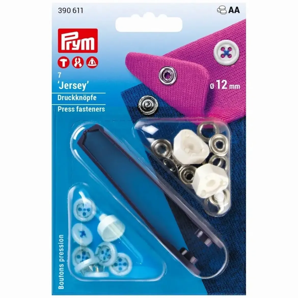 Prym Nähfrei Druckknopf Jersey Annähoptik weiß Fadenfarbe blau 7 Stück 12mm