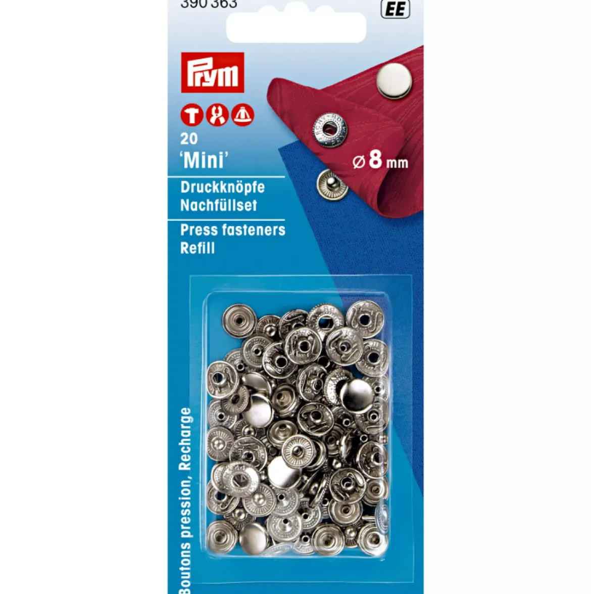 Prym Nähfrei Druckknöpfe 8 mm silber Mini 20 Stück Nachfüllpackung rostfrei
