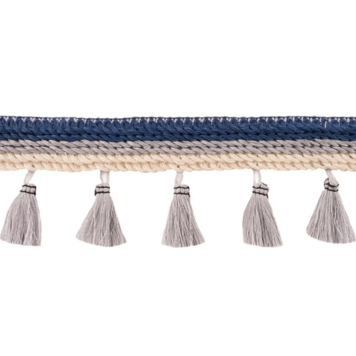 Quasten Borte Trio blau grau beige Breite: 25mm