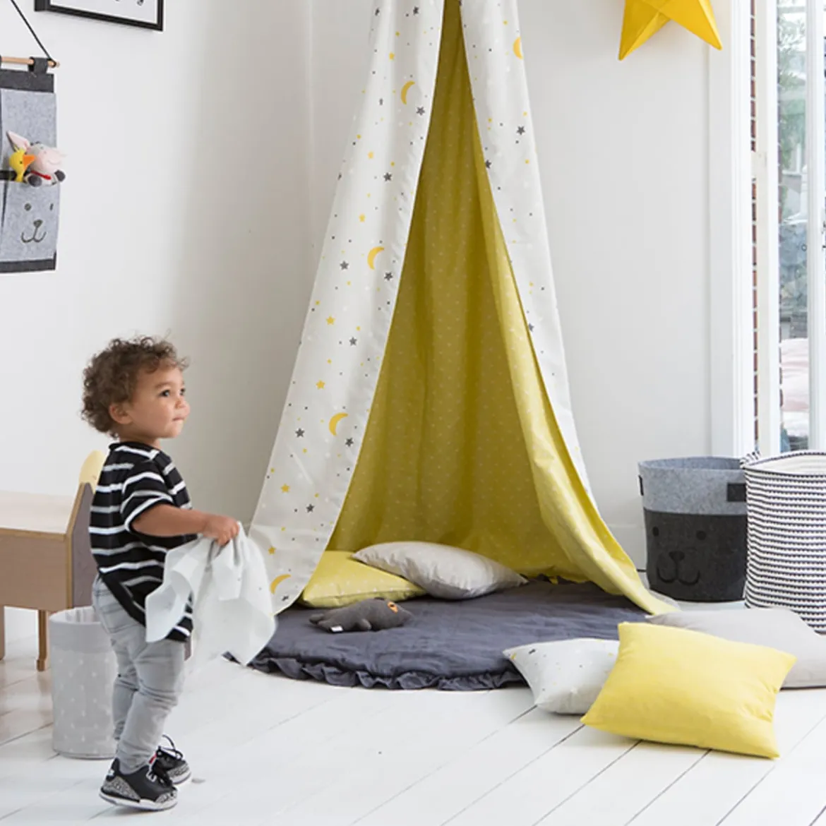 Rasch Textil Dekostoff Baumwollstoff Leinenoptik Bambino Fun Punkte gelb 1,40m Breite