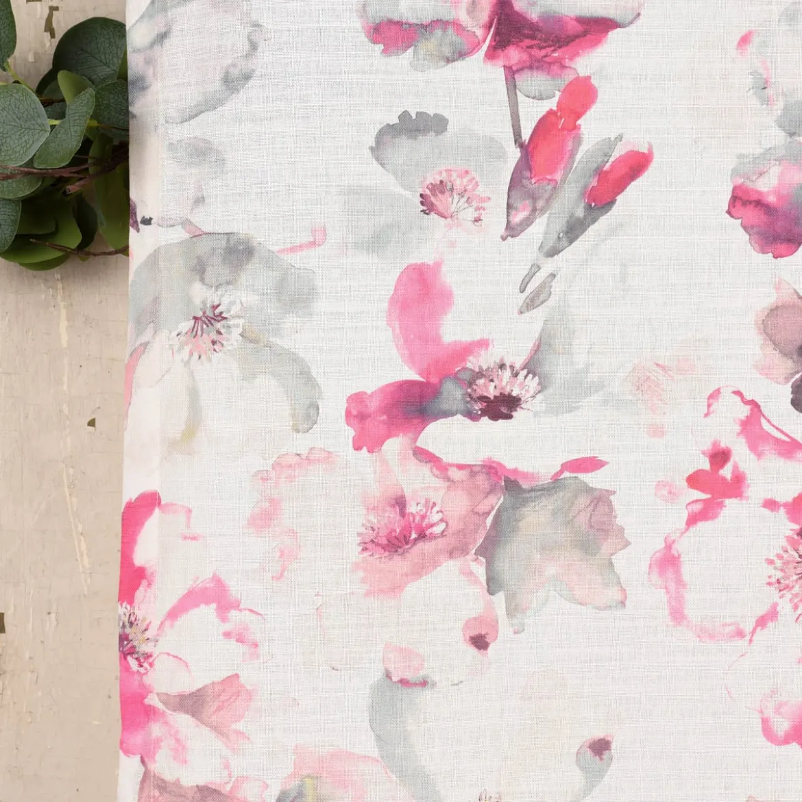 Rasch Textil Gardinenstoff Baumwolle Malve Aquarell-Blumen halbtransparent weiß pink 280cm