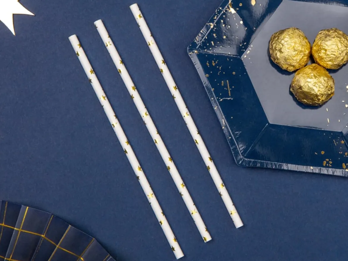 Röhrchen Strohhalme goldfarbige Sternchen Papier 10 Stück weiß gold 19,5cm