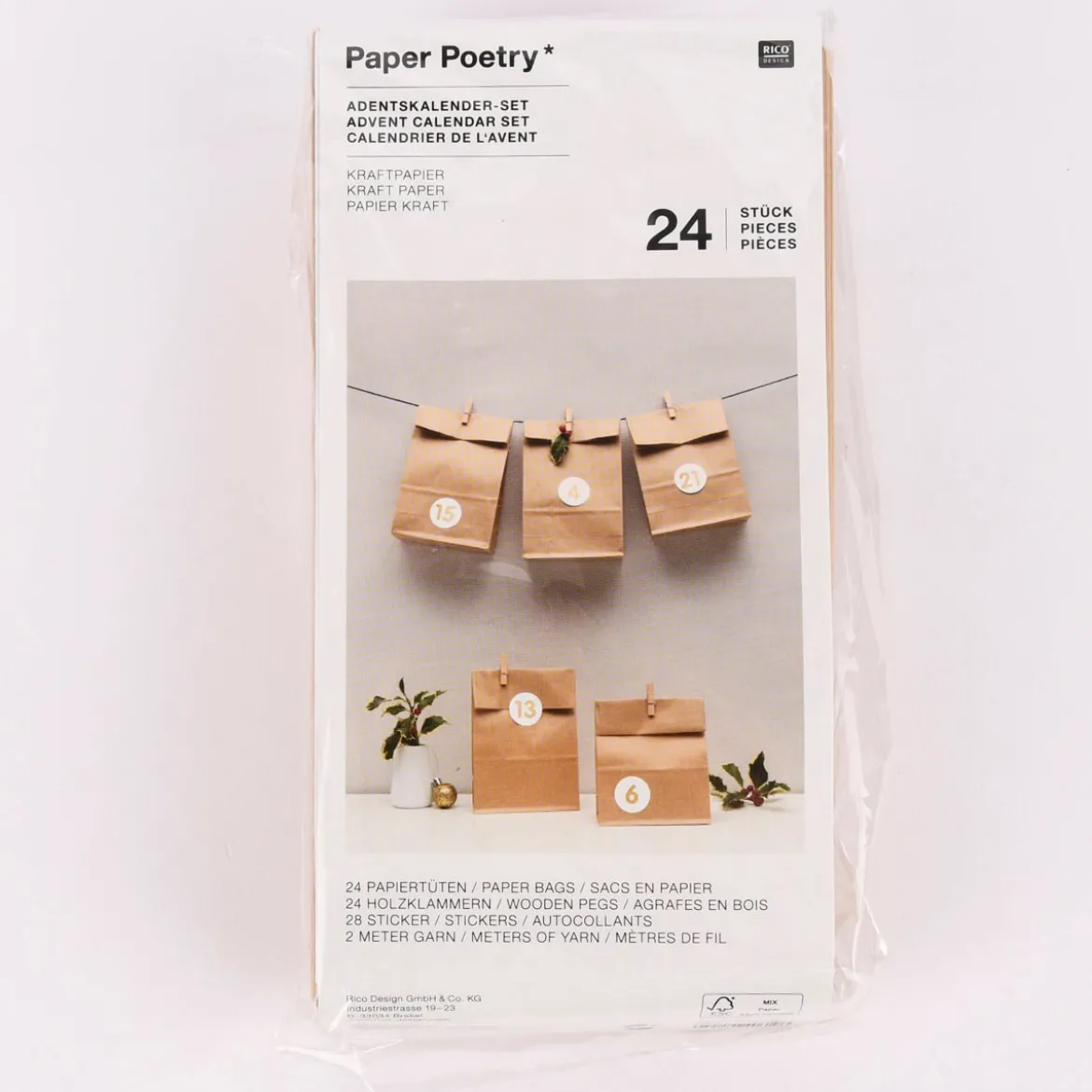 Rico Design Adventskalenderset Kraftpapier 24 Tüten inkl. Zubehör