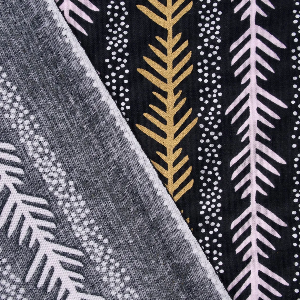 Rico Design Baumwollstoff Stoffabschnitt grafisch Zweig Punkte schwarz lila goldfarbig 50x140cm