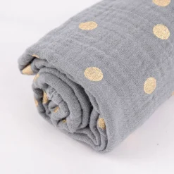 Rico Design Bekleidungsstoff Krinkel Musselin Stoffabschnitt Punkte grau goldfarbig 50x130cm