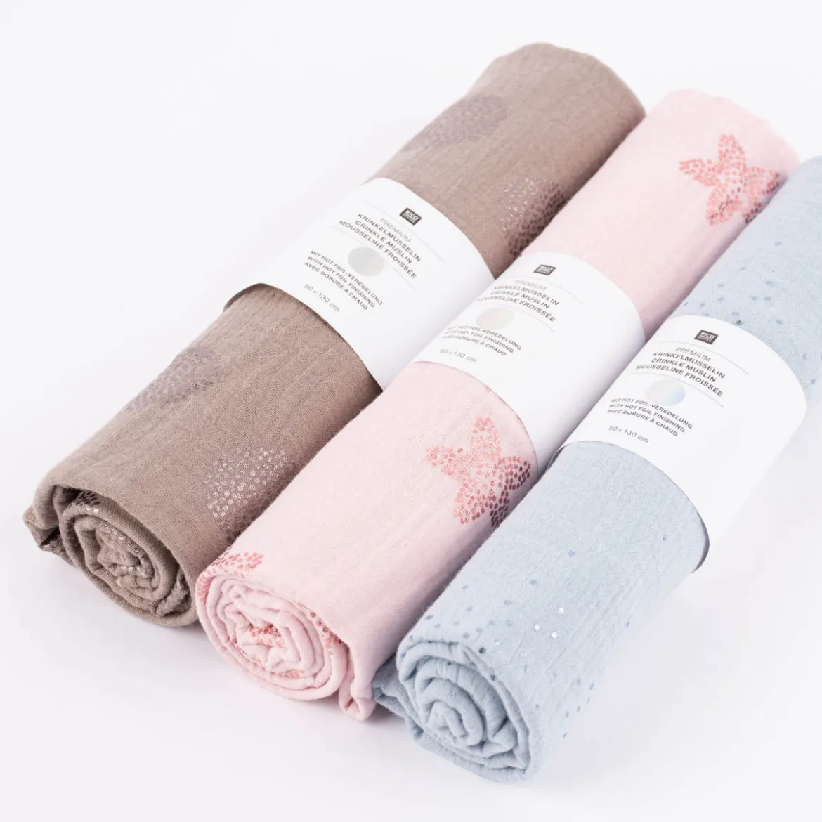 Rico Design Bekleidungsstoff Krinkel Musselin Stoffabschnitt Kirschblüten taupe metallic taupe 50x130cm