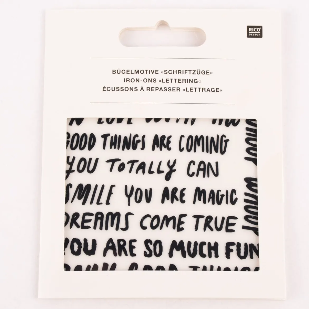 Rico Design Bügelmotivset Schriftzüge itoshii für Pony Beads 2 Bögen mit je 8 Designs schwarz 9x8cm