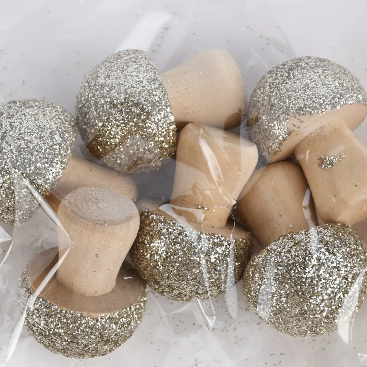 Rico Design 3D Dekostreu Pilze mit Glitter Holz natur gold 6 Stück