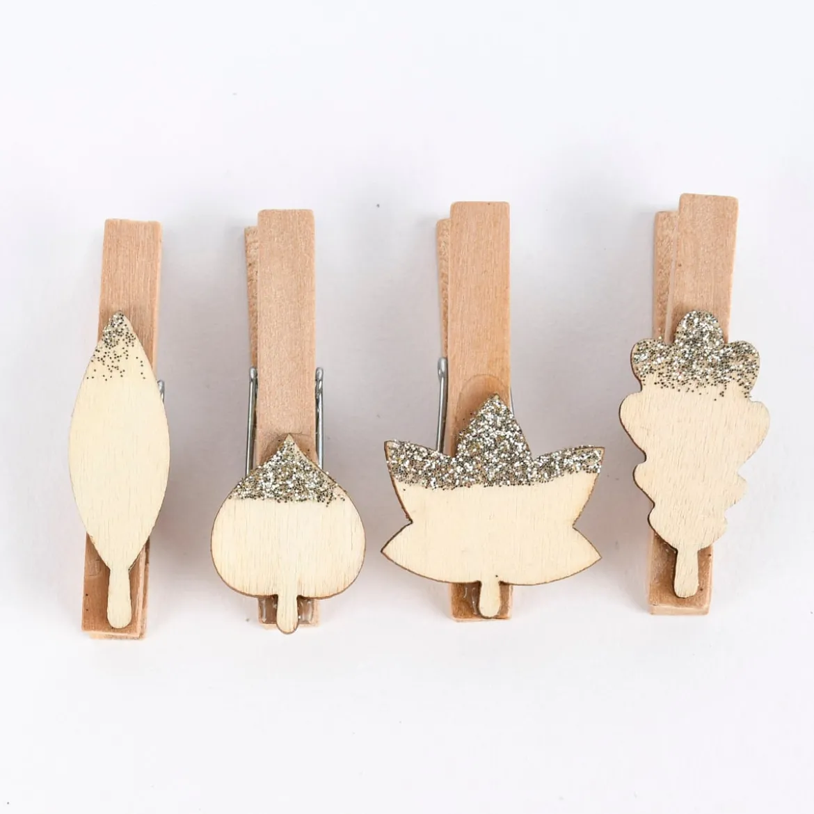 Rico Design Dekoclips Blätter Mix mit Glitter Holz natur gold 4 Stück 4,8cm