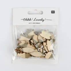 Rico Design Dekostreu Blätter Mix mit Glitter Holz natur gold 48teilig