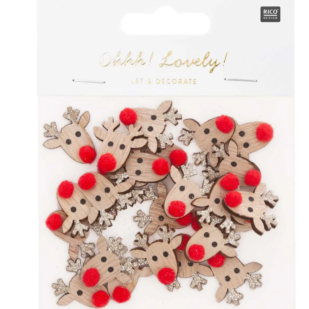 Rico Design Dekostreu Rentier mit Glitzer Holz natur rot gold 24 Stück