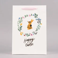 Rico Design Geschenktüte mittel Happy Easter Osterhase Blumenkranz weiß bunt 18x26x12cm