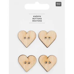 Rico Design Holzknöpfe Herz 2-Loch natur 2,5x2,5cm 4 Stück