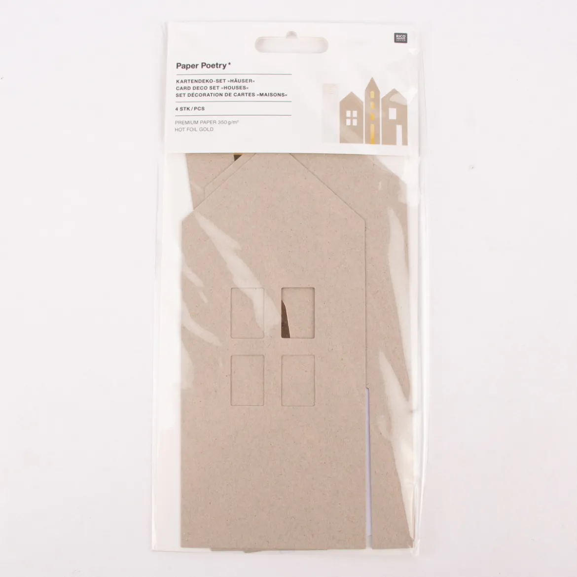 Rico Design Kartendeko Papierhäuser natur weiß goldfarbig 4 Stück