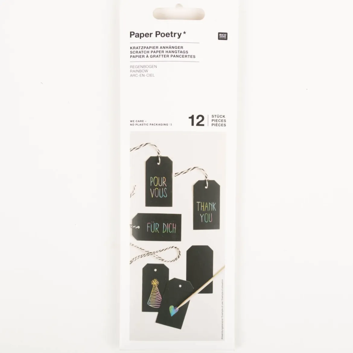 Rico Design Kratzpapier Anhänger 12 Stk schwarz regenbogenfarbig Paper Poetry